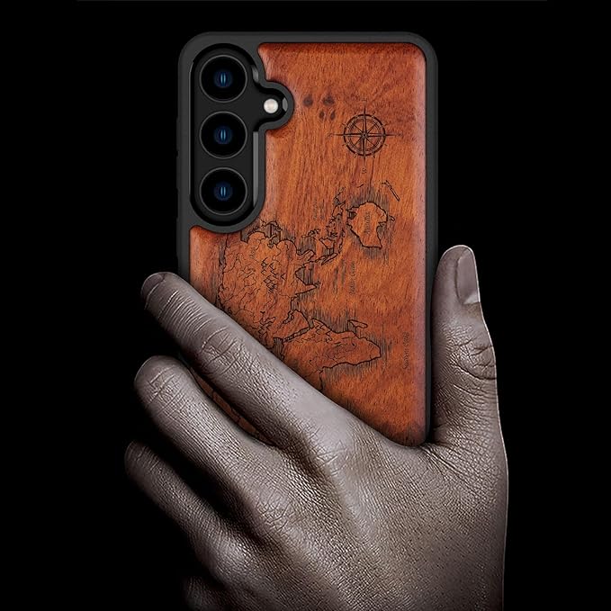 Carveit Wood Case for Galaxy S24 Plus Case [Natural Wood & Black Soft TPU] Shockproof Protective Cover Unique Wooden Design Compatible with S24 Plus (Compass Maps-Rosy)