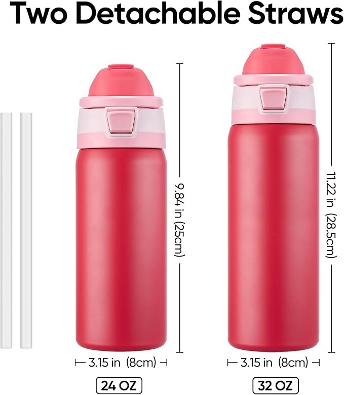 Fijinhom 24 oz Insulated Water Bottle with 2-in-1 Straw and Spout Lid, Stainless Steel Double Wall Vacuum Flask, Sports Water Bottle Keeps Cold 24H, Leak Proof for Gym, Outdoor, Travel (Red)