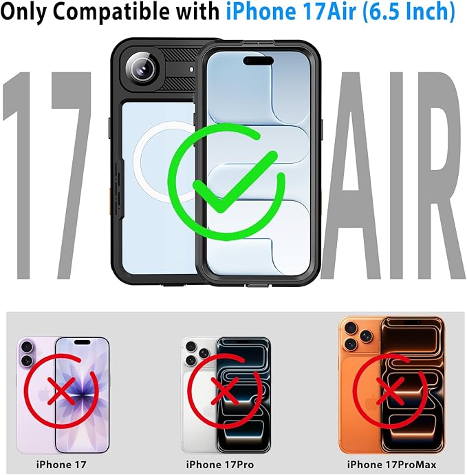 Waterproof Phone Case Compatible with iPhone 17 Air, IP68 Waterproof Shockproof Dust-Proof Phone Case with Built in Screen Protector, Full Body Protective Case (Black, 17 Air)