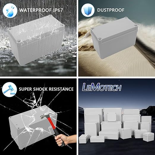 LeMotech Junction Box IP67 Waterproof Dustproof ABS Plastic Project Box for Electrical Outdoor Enclosure Gray 6.3 x 3.1 x 3.7 inch (160 x 80 x 95 mm)