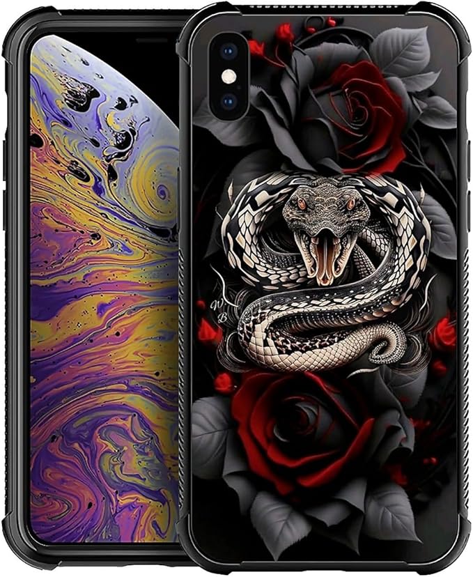 for iPhone X/Xs Case, Entwined Rose Snake Pattern Graphic Design Girl Boy Soft Silicone Hard Acrylic Shock Protection for iPhone X/Xs