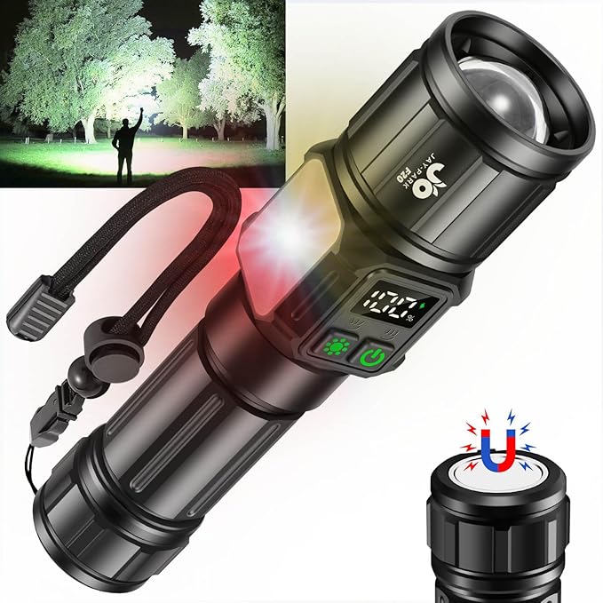 JAY-PARK Flashlights High Lumens, Rechargeable Flashlight 100000 Lumens with Magnetic, Bright Flash Light 9 Modes with 5000 mAh Battery, Tactical Flashlight for Camping, Hiking, Dog Walking