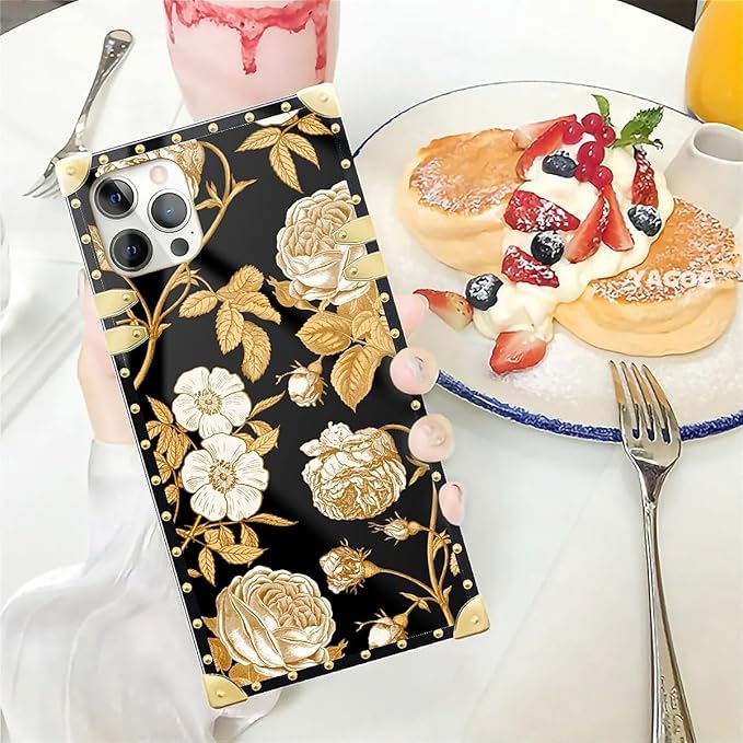 Compatible with iPhone 12 Pro Max Case, Blooming Rose Golden Flower Luxury Golden Decoration for Girl Women Soft TPU Shockproof Protective Hard PC Back for iPhone 12 Pro Max