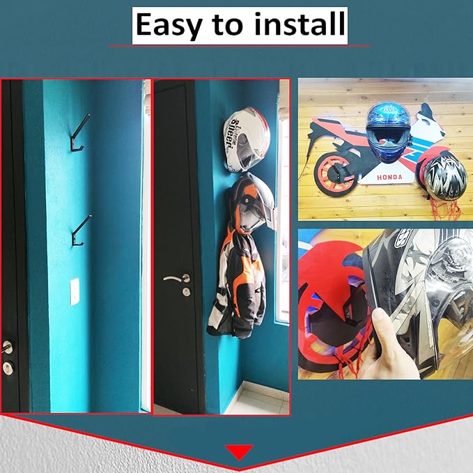 Pmsanzay 2 Pack Motorcycle Helmet Hook Multi-Purpose Jacket Hanger Keys Bags Holder Wall Mount Rack Cloth Display Rack Hat Hook for Home Kitchen Door Cabinet - Hardware Included Easy to Install.