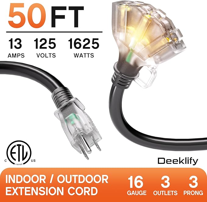 50 ft 16/3 awg 3 Outlet Extension Cord Splitter with Indicator, Waterproof Outdoor Extension Cord with Multiple Outlets, 13A 1625W for Home & Workshop, ETL Listed, Black SJTW