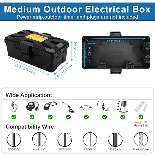 NineLeaf [2 Pack] Outdoor Electrical Box Waterproof, Medium Weatherproof Electrical Box (10.3x5.9x3.7 inch), Extension Cord Cover for Power Strip, Timer, Plug, Holiday Light, Black