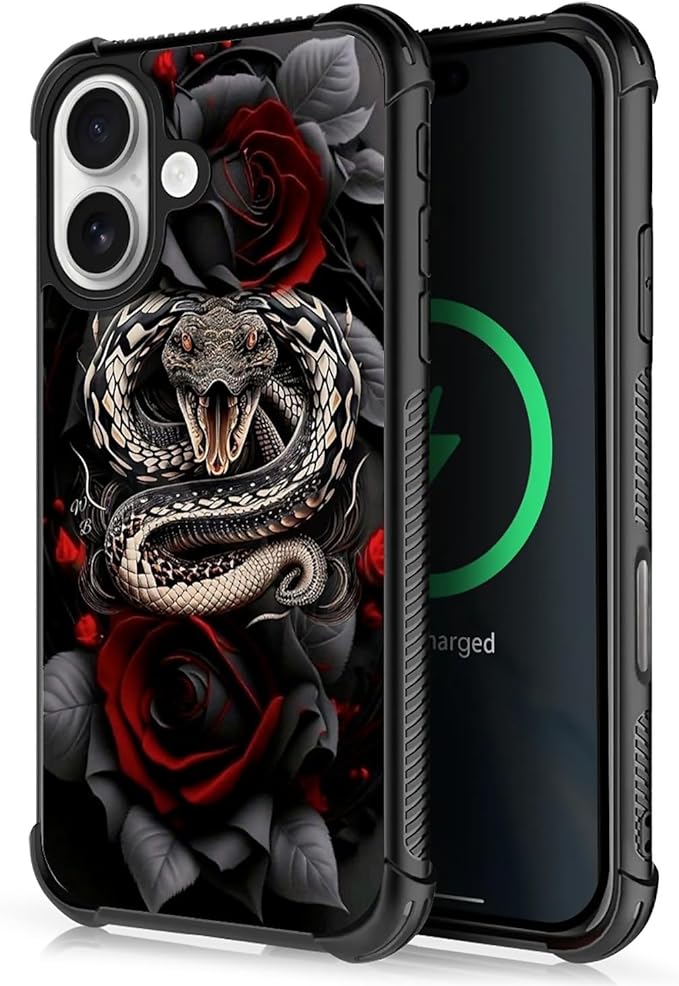 for iPhone 17 Case,for MagSafe Graphic Design for Girl Boy Soft Silicone Hard Acrylic Shock Protection Designed for iPhone 17 Entwined Rose Snake Pattern
