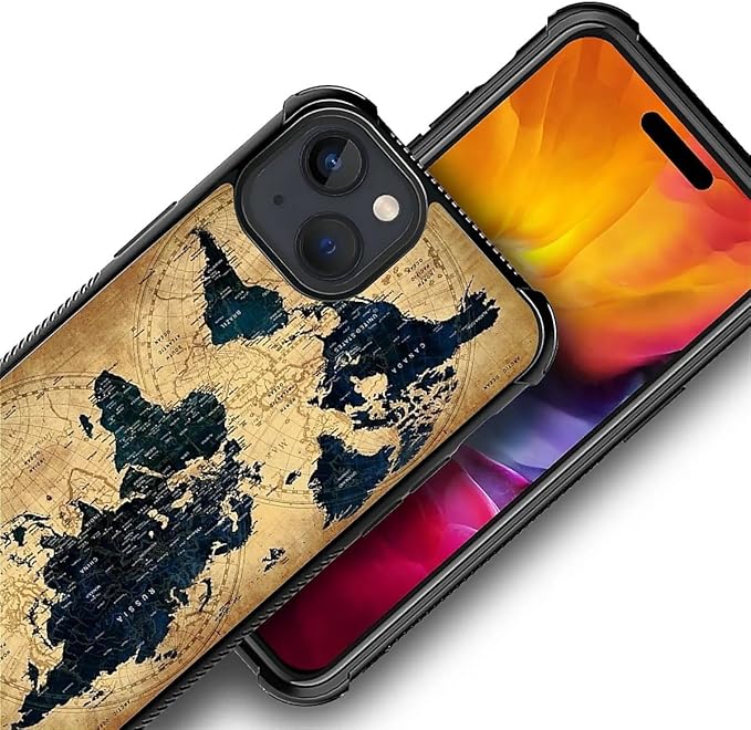 for iPhone 15 Case, Brown World Map Pattern Graphic Design Girl Boy Soft Silicone Hard Acrylic Shock Protection for iPhone 15