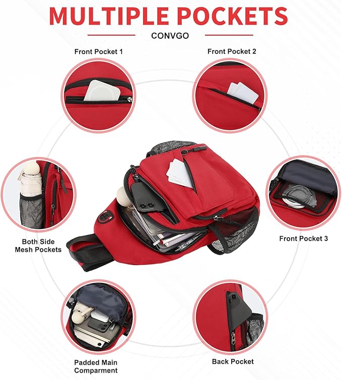 Small Crossbody Bag Casual Sling Bag for Men, Convertible Backpack, 3-in-1 Anti-Theft Shoulder Bag Trendy Daypack for Travel, Red