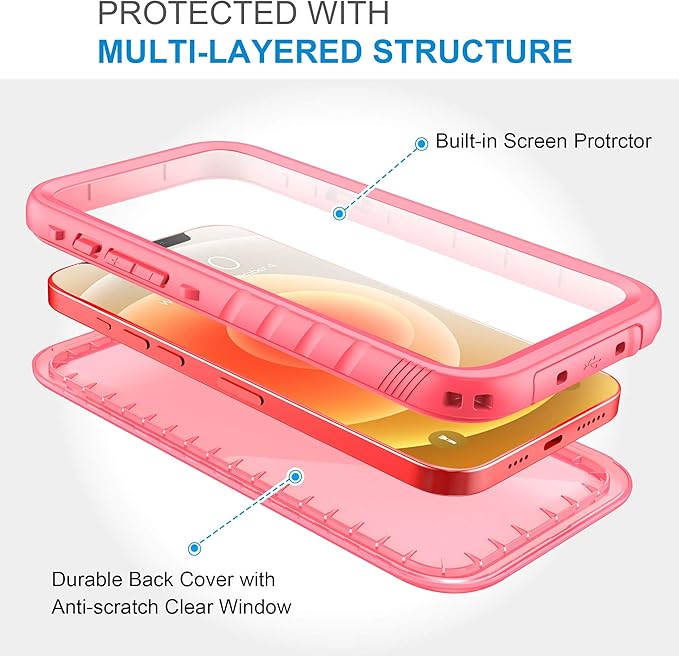 SPORTLINK for iPhone 12/12 Pro Waterproof Case, Full Body Shockproof Dustproof Phone Screen Protector Rugged Cases for iPhone 12/12 Pro 6.1 Inches Pink