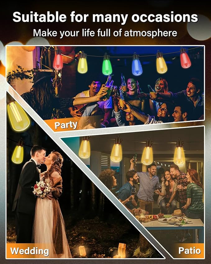 98FT Outdoor String Lights with Remote - Multicolor & Warm White, 8 Light Modes Timer Waterproof Patio Lights Plug In Dimmable String Lights Shatterproof for Outside Porch Backyard Party