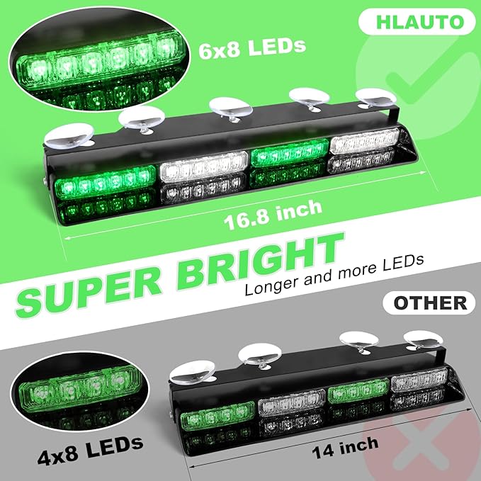 HLauto 6Z4J Emergency Dash Strobe Lights: 2x16.8 inch Green White Safety Lights, 48 LED Flashing Warning Hazard Interior Windshield Visor Traffic Light Bar for Trucks, Construction Vehicles