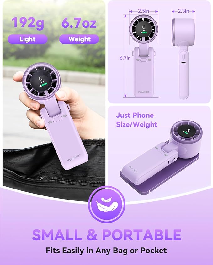 PlayHot Portable Handheld Turbo Fan, 5-Speed Personal Fans, 5000mAh Rechargeable Fans Up to 12 Hours, Weight only 0.6lb Small Fan, Hand/Neck/Desk Fan 3 IN 1, Beach Vacation Essentials(Purple)