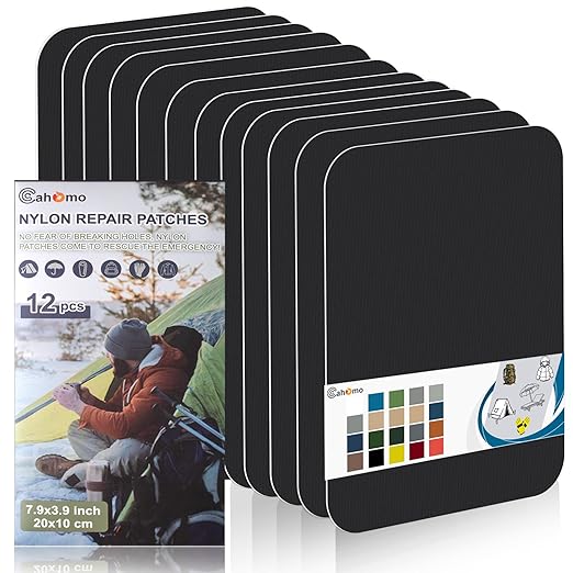 Cahomo 7.9x3.9 inch 12 PCS Nylon Repair Patch Nylon Repair Tape Self Adhesive Fabric Tapes Outdoor Camping Gear Fabric kit for Tent, Umbrella, Down Jackets, Sleeping Bag, Knapsack（Black）