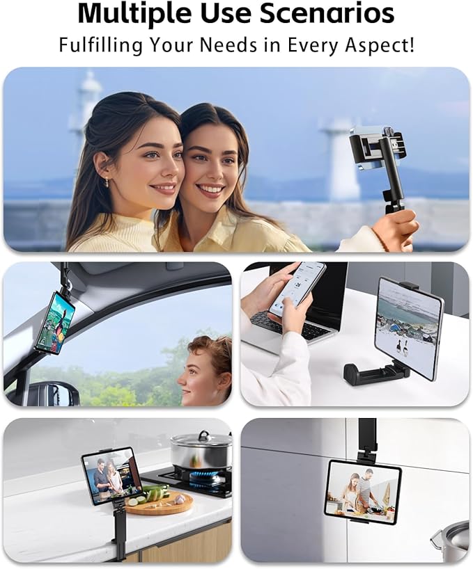 Universal Handfree Tablet Mount with 360 Degree Rotation, Compatible with 4-10" Smartphones & Tablets, Portable Travel Must Haves for Plane Tray Table, Home, Kitchen, Office, Outdoor