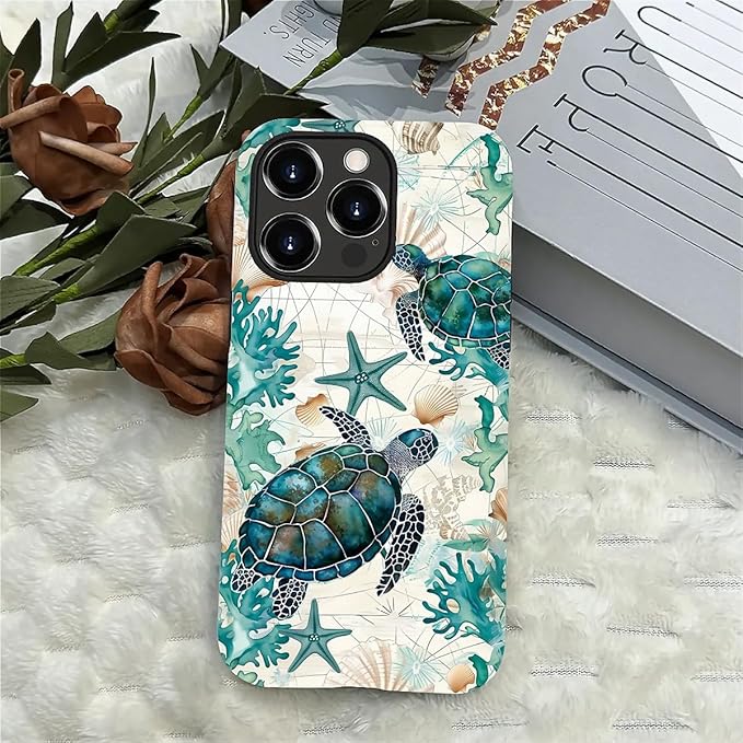 for iPhone 13 Pro Case,HH2 Ocean Sea Turtle Nautical Map Hybrid 2 Layer Hard Shell Silicone Protective Pattern Design Case