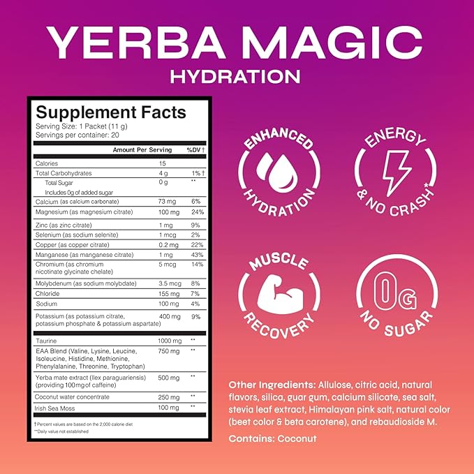 Yerba Magic Hydration + Energy - Tropical Punch with Electrolytes, Yerba Mate Caffeine, Amino Acids, Sea Moss & Coconut Water for Hydration, Muscle Recovery & Clean Energy - Zero Sugar (20 Stick Packs)