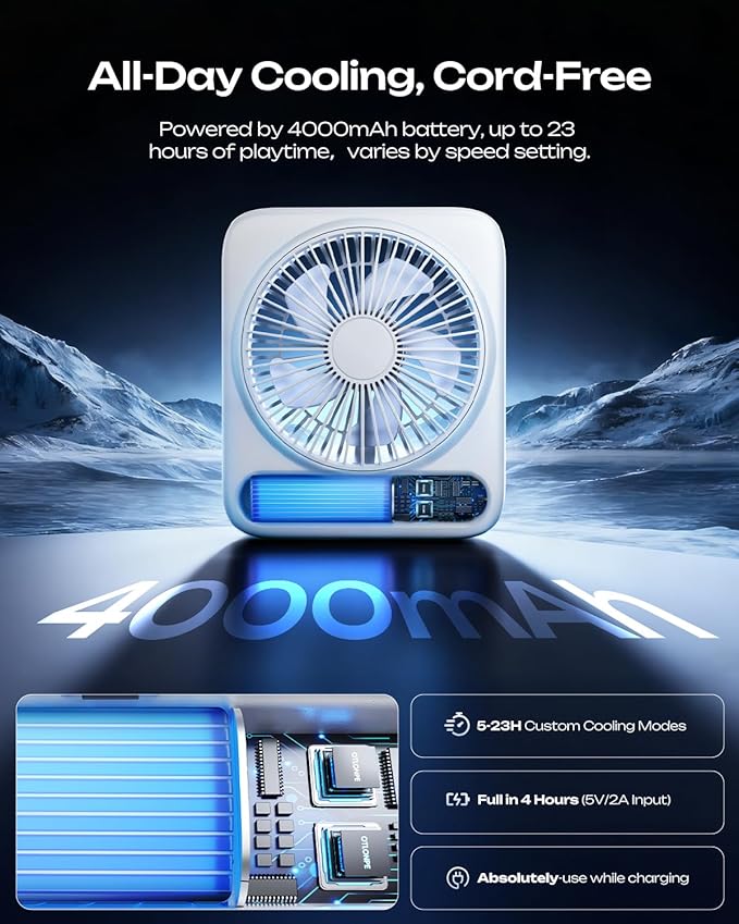 Otlonpe Personal Portable Desk Fan, 4000mAh Small Rechargeable Portable Fan Battery Operated & USB Powered for Travel Sleeping Bedroom Office Home Table, Cordless, Quiet, 4-Speed, 6.5 Inch (White)
