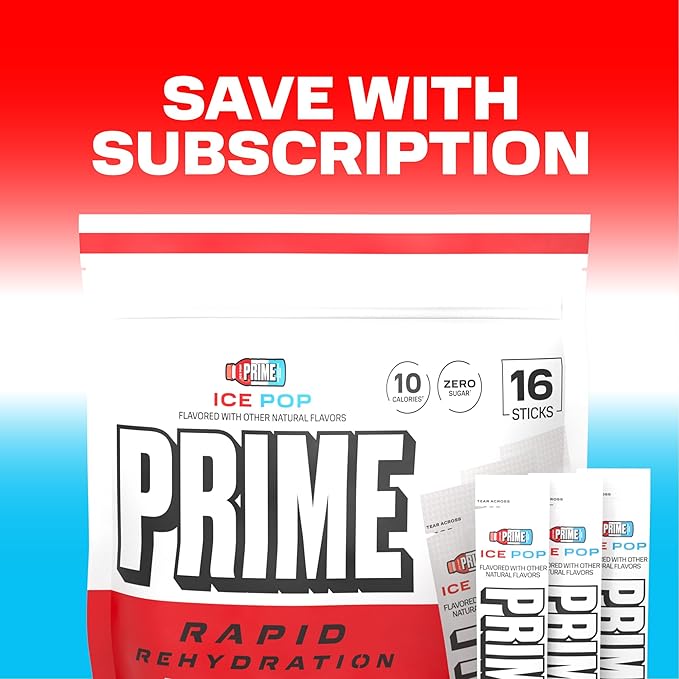 Prime Rapid Rehydration Electrolyte Powder Sticks, Ice Pop, Sugar Free Hydration Drink Mix with Sodium, Potassium, Magnesium & B Vitamins to Replenish Fluids, Caffeine Free, 16 Count