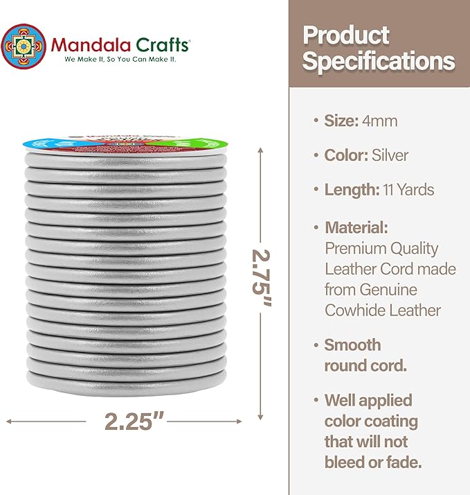 Mandala Crafts Round Genuine Silver Leather Cord for Jewelry Making – 4mm Cowhide Leather Rope String Lace for Kumihimo – 11 Yards Cowhide Craft Cording Spool