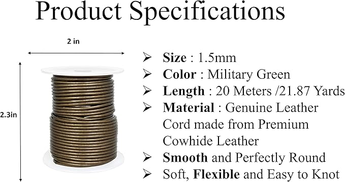 GENIQUE Real/Genuine Round Leather String Cord for Necklace, Bracelets, Jewellery, Braiding (Military Green Metallic, 1.5mm)