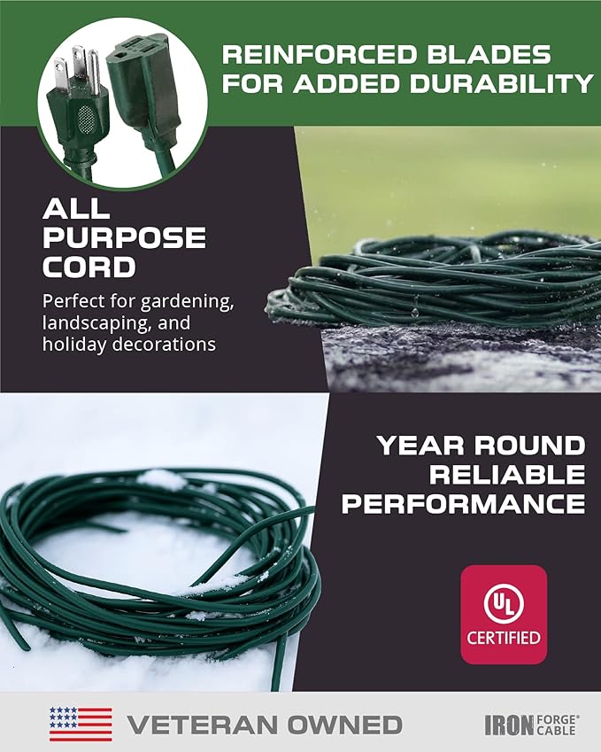 Iron Forge Cable Weatherproof 200 Ft Outdoor Extension Cord - 16/3 SJTW Heavy Duty Green Extension Cord 3 Prong - 10 Amp Exterior Power Cable