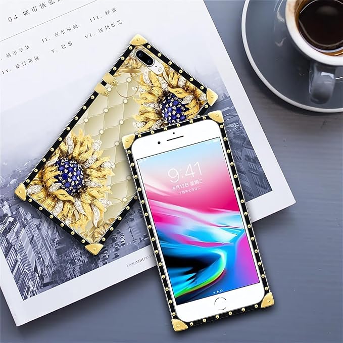 Compatible with iPhone 8 Plus 7 Plus Case, Sunflower Diamonds Leather Luxury Golden Decoration for Girl Women Soft TPU Shockproof Protective Hard PC Back for iPhone 8 Plus 7 Plus