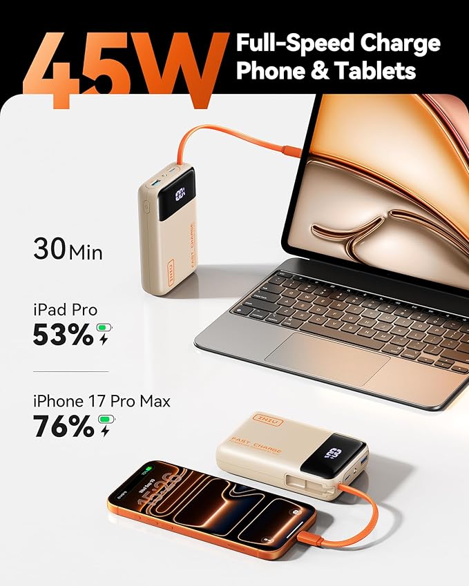 INIU 20000mAh Power Bank, Small Portable Charger, 45W PD Fast Charging Battery Pack with Build in USB-C Cable, Travel Phone Charger for iPhone 17 16 15 14 Air Samsung S25 S24 Google iPad Xiaomi, Beige