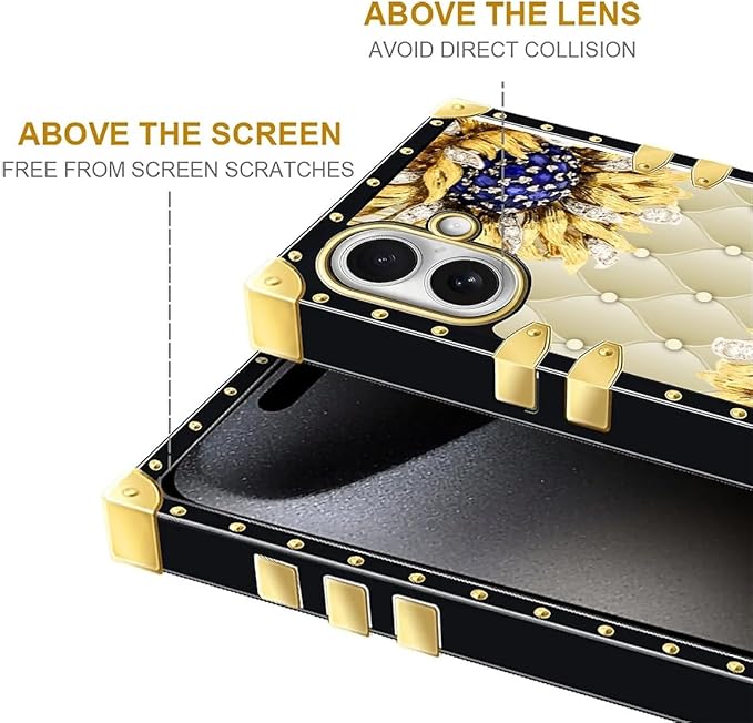 for iPhone 17 Case Luxury Golden Decoration for Girl Women Soft TPU Shockproof Protective Hard PC Back for iPhone 17 Crazy Pattern Sunflower Diamonds Leather
