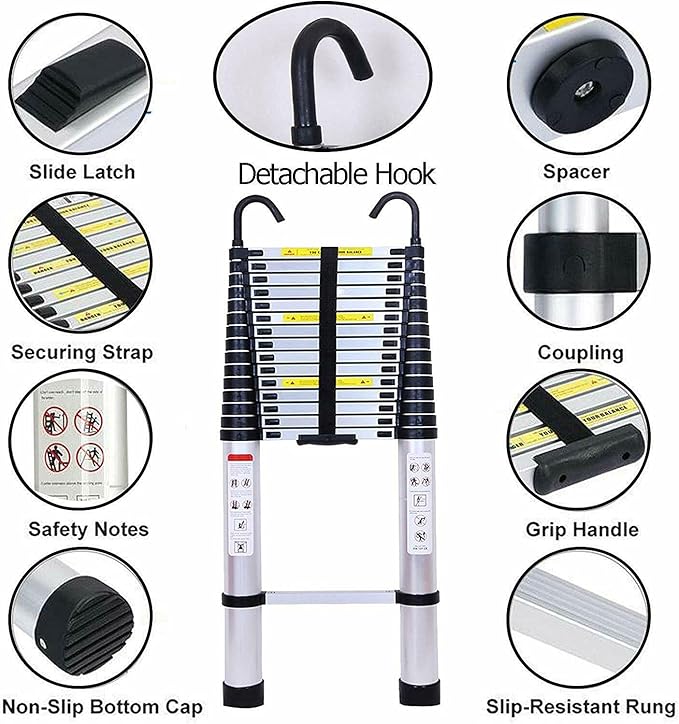 Extension Ladder 20.34 FT Telescoping Ladder with 2 Detachable Hooks & Rubber Feet Aluminum Multi-Purpose Extend Folding Step Ladders Extendable Loft Ladder 330lbs Capacity for Household Daily 6.2M