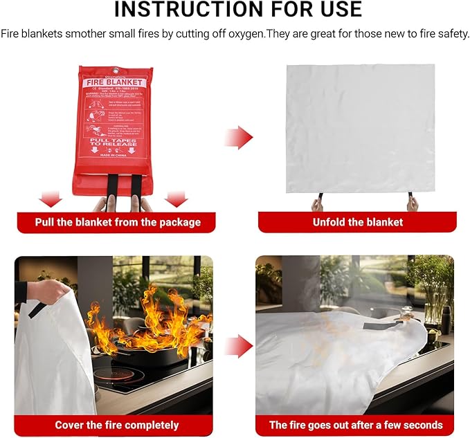 Heavy-Duty Emergency Fire Blanket, 2 Pack – Fireproof Fiberglass Blanket for Kitchen, Home, Car, Grill, Fireplace, Camping, Heat Shield, Grease Fires, Emergency Fire Suppression