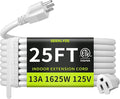 16/3 White 25 FT Extension Cord, Indoor Extension Cord for Laptops, Coffee Makers, Office Home Appliances, 3 Prong Resistant Cable Flexible, 13A 125V 1625W ETL Listed