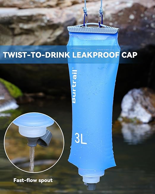 3L Gravity Fed Water Bag, Collapsible Portable Hydration Reservoir Compatible with 42mm Water Filter Cartridge for Camping, Hiking, Backpacking