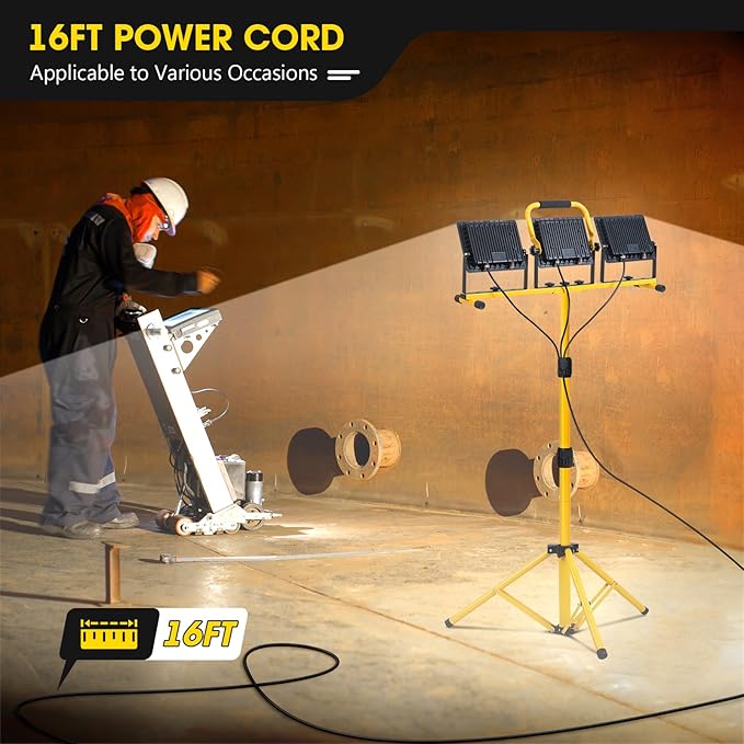 Zetunlo 21000Lumen LED Work Lights with Stand - 3 Head Portable Work Light with 16FT Cord - IP66 Waterproof Tripod Worklights for Outdoor Indoor Job Site Workshop Garage Construction Site Lighting