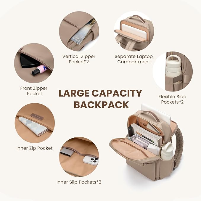 Laptop Backpack for Women, Work Business Traval Computer Backpacks with Laptop Compartment Waterproof Casual Daypack for Travel College,14Inch,Champagne Brown