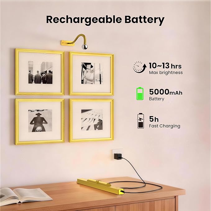 Lights for Pictures on Wall, 16in Battery Operated Picture Lights for Paintings, 5000mAh Wall Lights with Remote and 3 Light Modes,Art Light for Wall Painting,Frame, Portrait, Dartboard - Gold