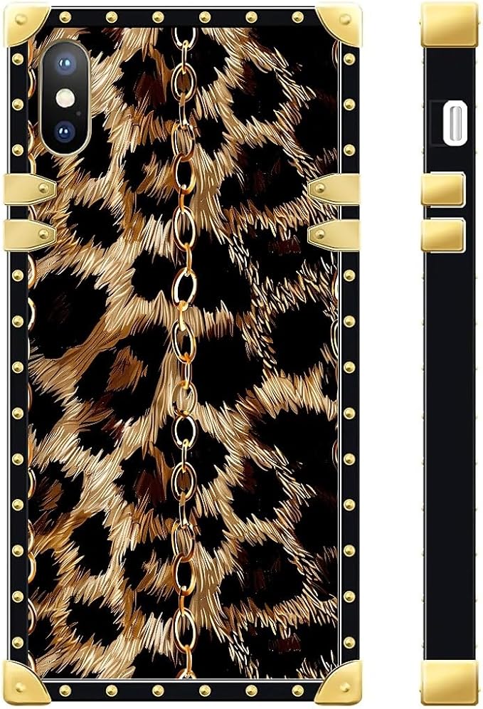 Compatible with iPhone XR Case, Seamless Gold Chain Leopard Luxury Golden Decoration for Girl Women Soft TPU Shockproof Protective Hard PC Back for iPhone XR