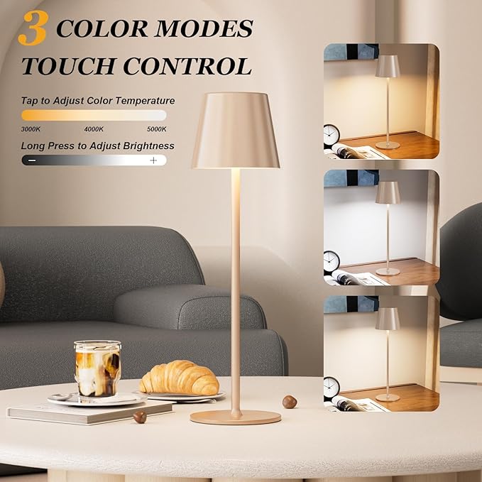 Kakanuo Cordless Table Lamp Rechargeable - Antique White 2 Pack Battery Operated Lamp for Counter, 3 Color Stepless Dimming Wireless Lamp for Dining Kitchen, Outdoor Patio, Touch Control