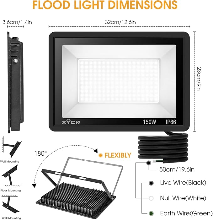 XYCN 150W LED Flood Light Outdoor,2 Pack 15500LM Super Bright Security Light,IP66 Waterproof Floodlight,5000K Daylight White LED Exterior for Basketball Court, Stadium, Playground