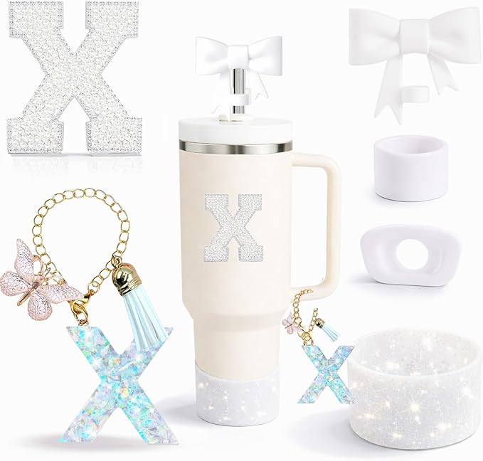 6PCS White Stanley Cup Accessories Set Fit for Stanley Cup 30oz 40oz. Including Handle Charm, Personalized Initial Sticker, Straw Topper, Sparkly Silicone Boot, Spill Proof Stopper (Letter-X)