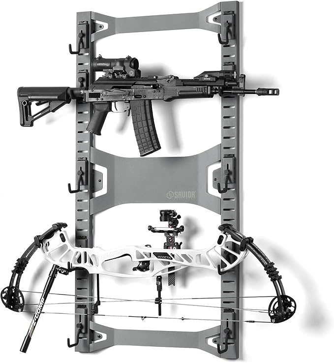 Savior Equipment Horizontal Steel Wall Mount Firearm Rifle Display Rack, Compound Bow Shotgun Carbine Gun Sword Tactical Vest Gear Hanger Free-Standing Indoor Storage Organizer, 10 Mounting Hooks