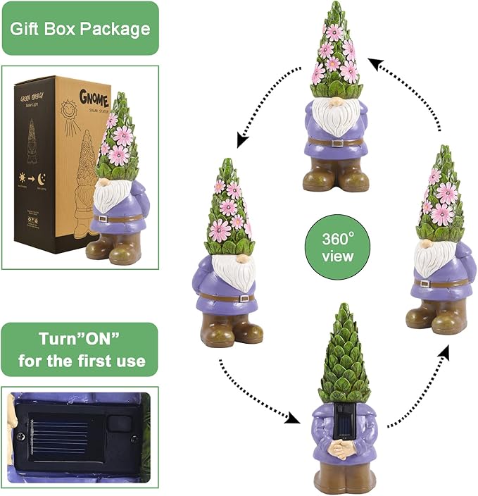 Nacome Solar Garden Outdoor Statues Gnome with Succulent and 7 LED Lights - Lawn Decor for Patio, Balcony, Yard Ornament for Mom Grandma Women