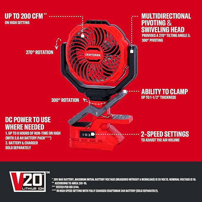 CRAFTSMAN Portable Clip on Fan Rechargeable (Tool Only), Small Personal Clamp Fan Battery Powered 4" 20V for Stroller Desk Table Home Office Outdoor Travel Camping Tent, CMXEFXA520402