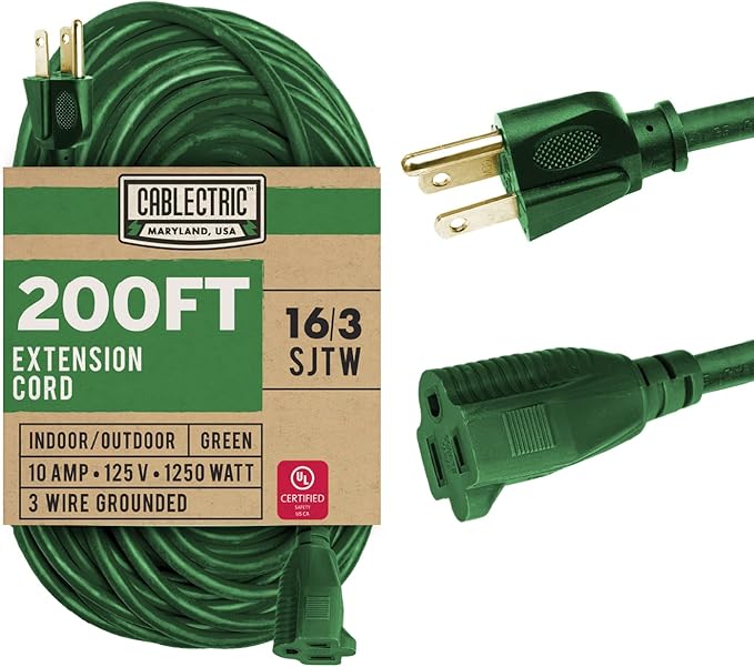 Long Outdoor Extension Cord 200 ft - 16/3 SJTW Green Extension Cord 3 Prong Grounded Plug, Weatherproof Heavy Duty Exterior Power Cable Great for Outside, Landscaping & Lawn - UL Certified