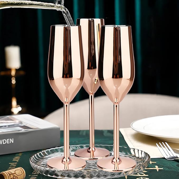 TJ Unbreakable 8 Oz Stainless Steel Champagne Flutes (2 Pack)- Rose Champagne Glasses - Reusable Indoor Outdoor Drinkware - Keeps Drink Cool for Longer - Gift Idea