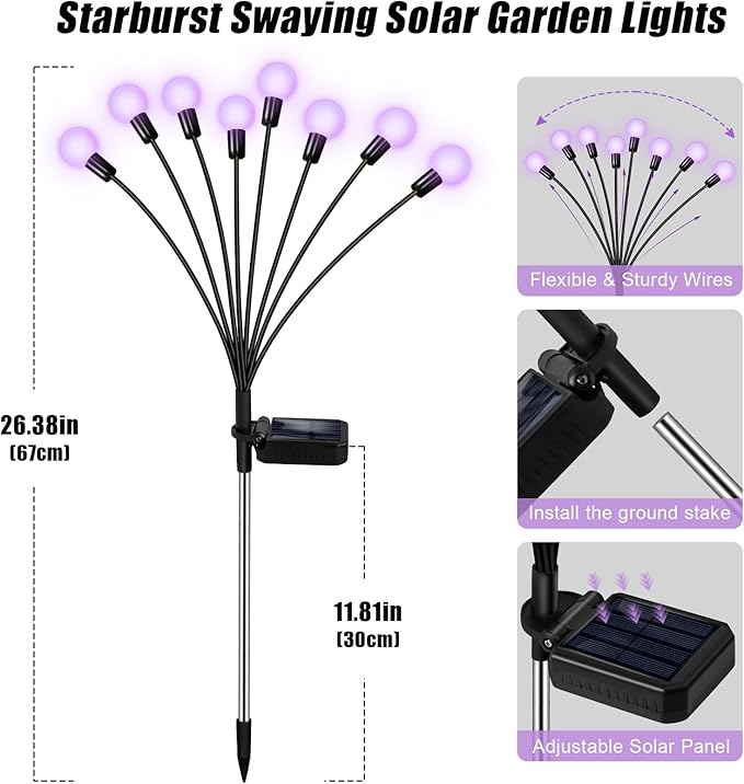 ZFNN Solar Garden Lights 16 LEDs, Purple, 2 Pack 8 Heads, Outdoor Waterproof, Swaying Firefly Lights for Yard, Patio, Pathway, Lawn Decorations