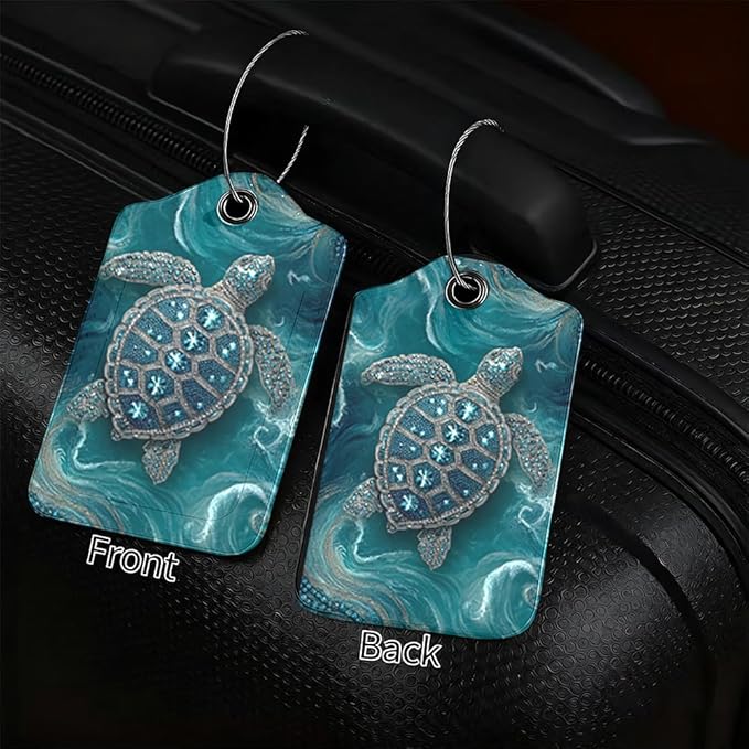 2 Pack Sea Turtle Luggage Tags for Suitcases, Teal Ocean Life ID Tags with Privacy Cover, PU Leather Bag Identifiers, Spring & Summer Beach Vacation Essentials, Mother's Day