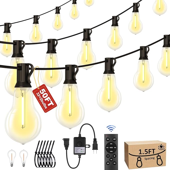 50FT Outdoor String Lights Waterproof with 32+2 Bulbs (1.5FT Bulbs Spacing), Remote & Dimmer, Commercial Patio String Lights with 3 Mode Light & Timing, 50PC Mounting Ties for Outside