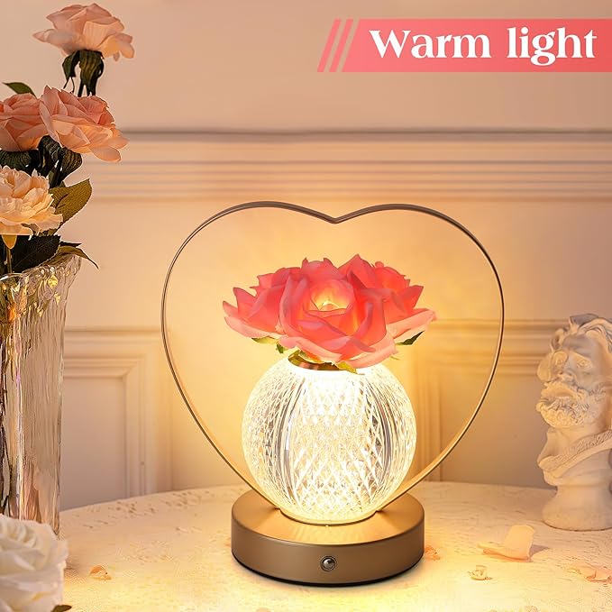 AMWGIMI Rose Flower Lamp,Birthday Gifts for Women,Rechargeable Cordless LED Touch Lamps,3-Colour Infinitely Dimming Small Night Light,for Living Room,Dining Room,Bedroom Festival Home Decor