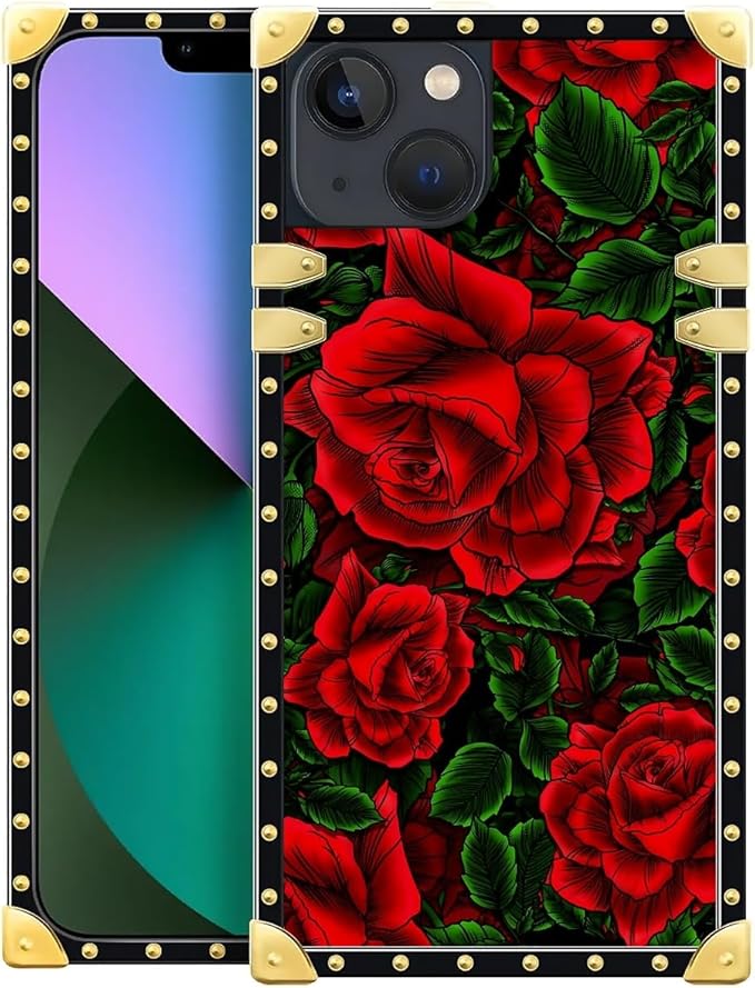 Compatible with iPhone 13 Case, Vector Red Rose Green Leaf Luxury Golden Decoration for Girl Women Soft TPU Shockproof Protective Hard PC Back for iPhone 13